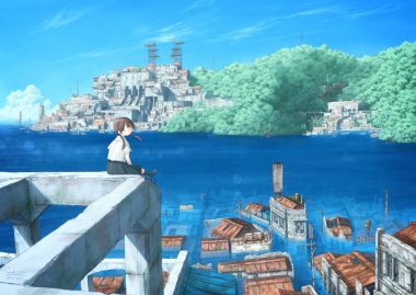 building city forest kneehighs original pochi (poti1990) ruins scenic school uniform tree twintails water