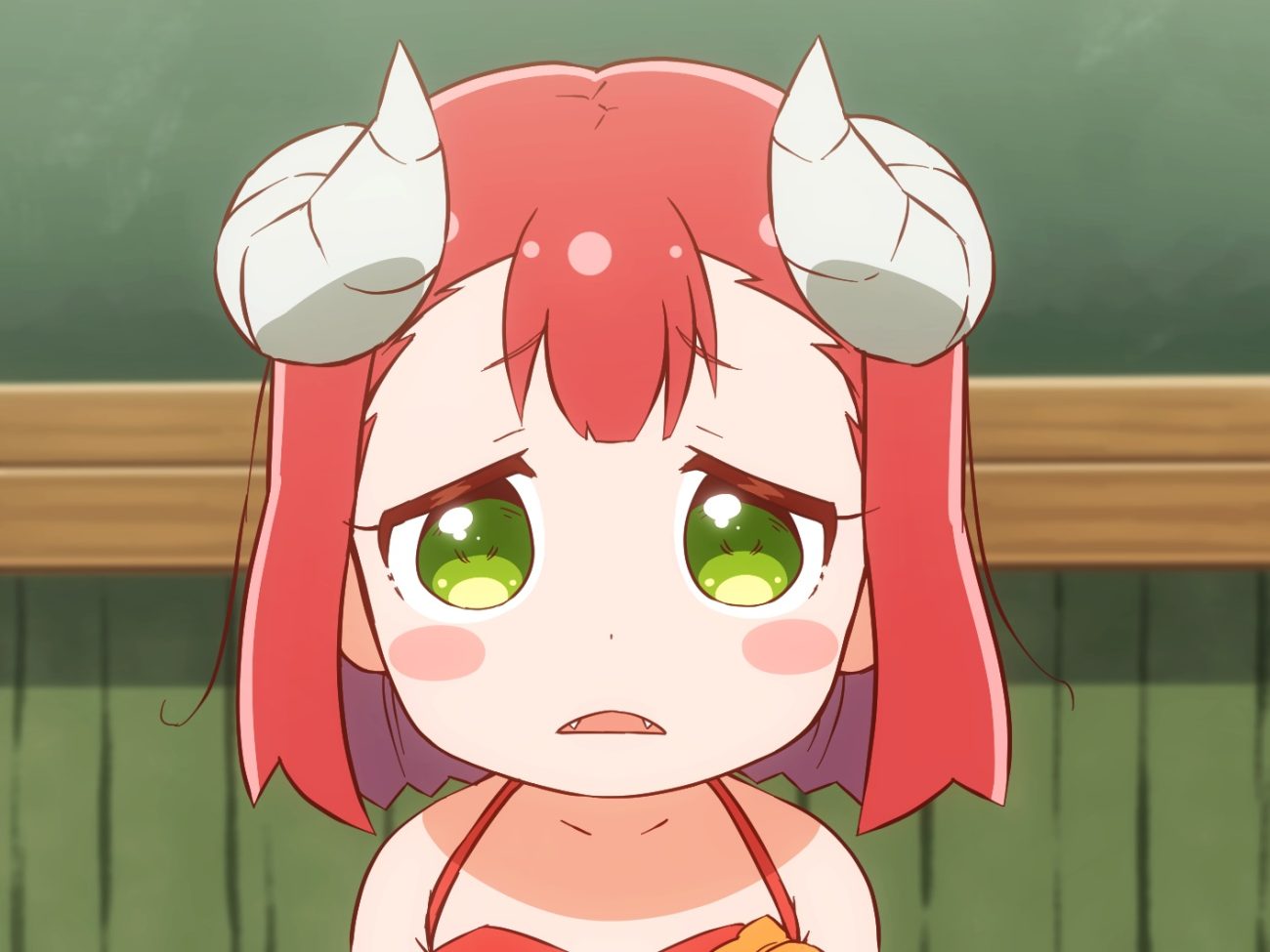 close demon endro! fang green eyes horns loli mao (endro!) red hair shirosato short hair