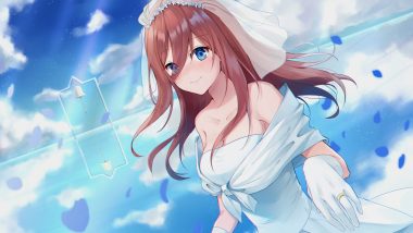blue eyes blush breasts brown hair cleavage clouds elbow gloves gloves go-toubun no hanayome headdress long hair nakano miku oenothera petals sky wedding attire