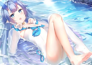 anthropomorphism aqua eyes azur lane blue hair blush breasts choker cleavage fang horns i-13 (azur lane) long hair pointed ears ponyaru swimsuit thighhighs wet