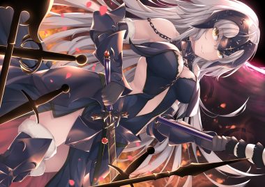 aliasing armor breasts cleavage elbow gloves fate/grand order fate (series) gloves gray hair headdress jeanne d'arc alter jeanne d'arc (fate) kana616 long hair sword thighhighs weapon white hair yellow eyes