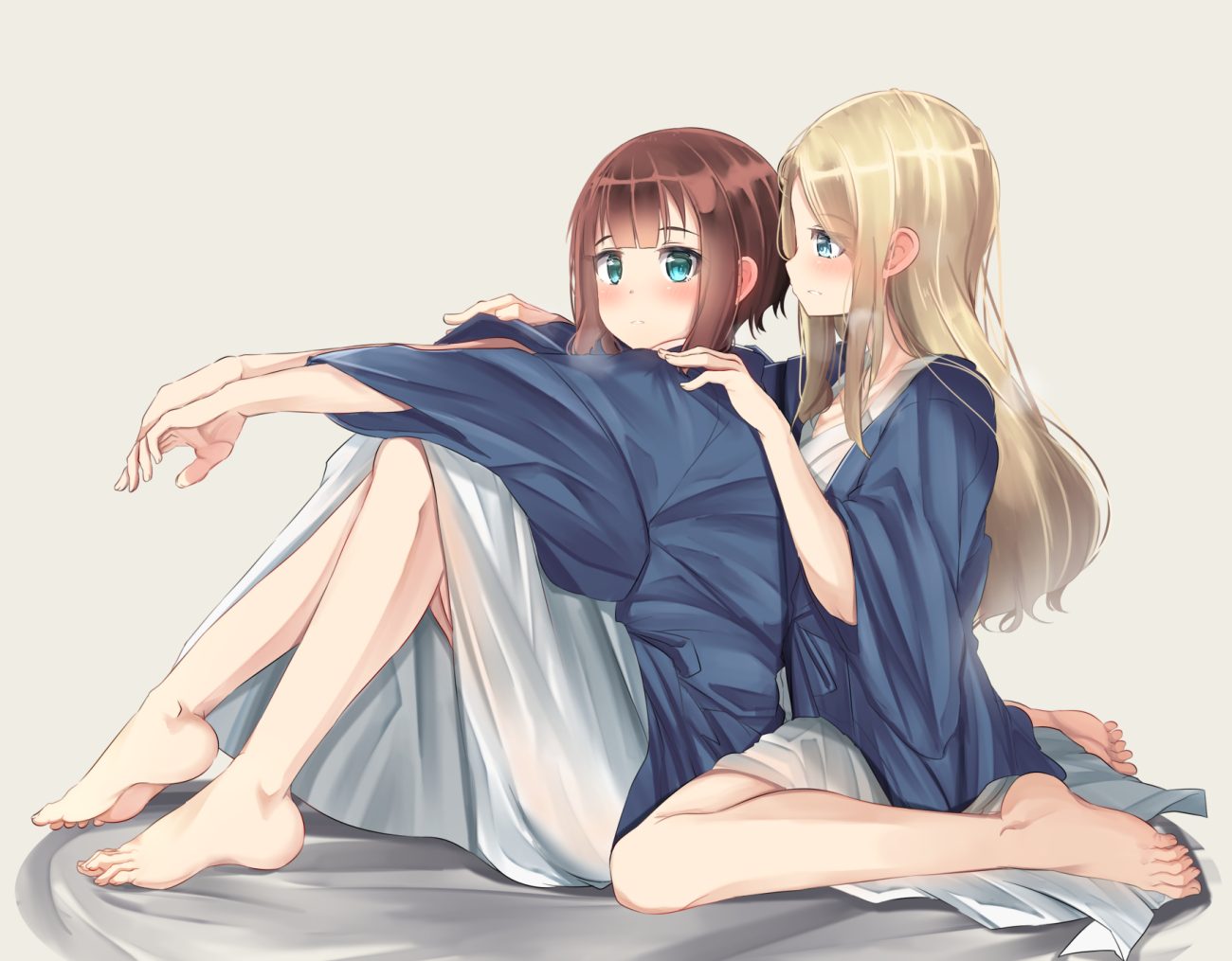 2girls aqua eyes ayase arisa barefoot blonde hair brown hair japanese clothes kousaka yukiho long hair love live! school idol project mad (hazukiken) short hair