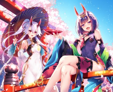 2girls blush breasts cherry blossoms chinese clothes chinese dress cleavage demon dress drink fang fate/grand order fate (series) flowers garter horns long hair no bra ponytail purple eyes purple hair raiou red eyes sake shuten douji (fate) sky tomoe gozen umbrella white hair