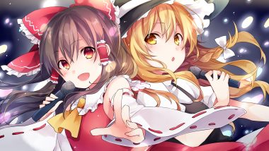 2girls blonde hair bow brown hair hakurei reimu hat kirisame marisa kuroi (liar-player) long hair microphone red eyes touhou witch hat yellow eyes