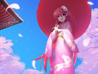 cherry blossoms flowers japanese clothes kimono long hair ohlia petals red eyes red hair shakugan no shana shana umbrella