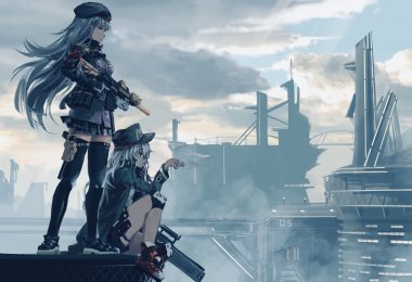 2girls aamond anthropomorphism boots cigarette clouds g11 (girls frontline) girls frontline gun hat hk416 (girls frontline) long hair skirt sky smoking thighhighs weapon zettai ryouiki