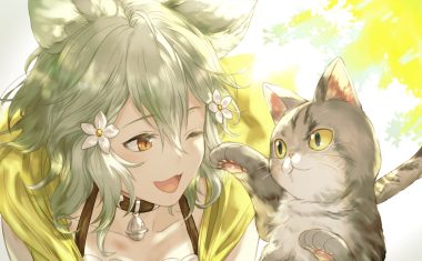 animal animal ears bell cat catgirl cat smile close collar granblue fantasy green hair orange eyes sen (granblue fantasy) short hair tukune wink