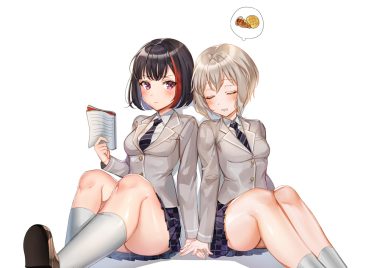 2girls aoba moka bang dream! black hair blush book gray hair kneehighs mitake ran red eyes rity school uniform short hair shoujo ai skirt sleeping tie white