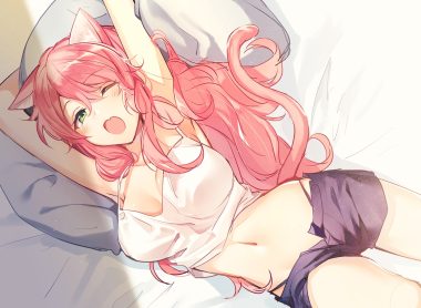 animal ears bed blush breasts catgirl fang green eyes juugonichi (wheeliex2) long hair navel original pink hair shorts sketch tail tears