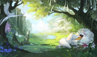 ana bi animal bird clouds flowers forest green inuyasha japanese clothes long hair pointed ears sesshomaru sky sleeping tree water waterfall white hair