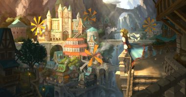 blonde hair bow building city long hair original poppo sutchy ribbons scenic shade skirt stairs tree water waterfall