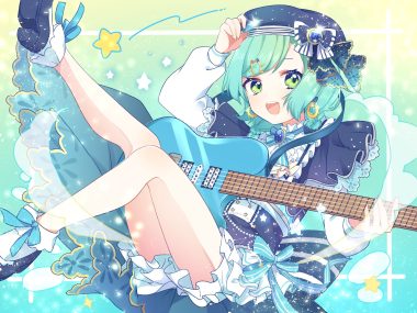 bang dream! bow dress green eyes green hair guitar hat hikawa hina hinakano h instrument lolita fashion ribbons short hair socks