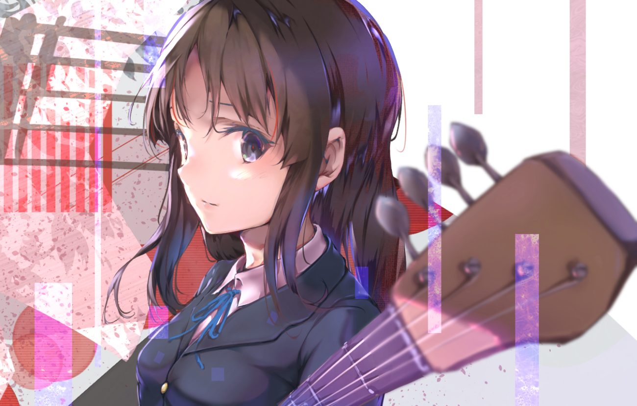 akiyama mio aotsuki kaoru black eyes brown hair close guitar instrument k-on! long hair school uniform