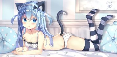 animal ears aqua eyes aqua hair ass blush bra breasts catgirl cleavage erect nipples fang flowers headband long hair original panties saeki sora signed thighhighs twintails underwear waifu2x