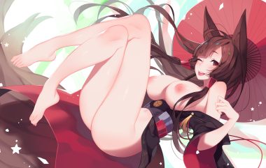 akagi (azur lane) animal ears anthropomorphism azur lane barefoot breasts brown hair foxgirl japanese clothes long hair multiple tails nanoless nipples no bra nopan red eyes tail umbrella