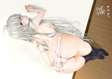 anus aqua eyes ass blush breasts gray hair kizuna akari long hair nipples no bra panties panty pull pussy signed tears thighhighs topless underwear vocaloid voiceroid yamada sakura