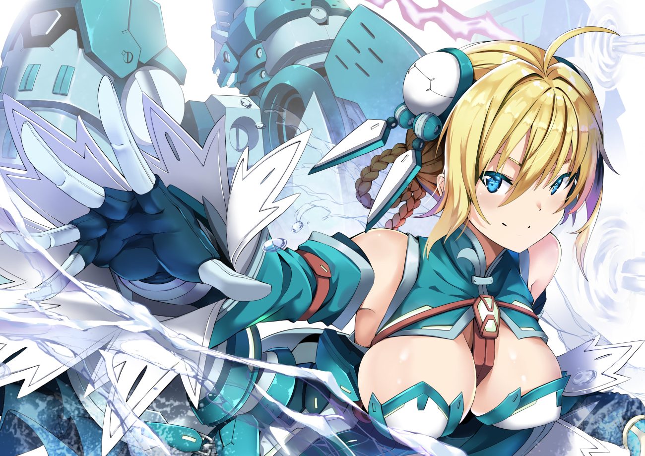 aqua eyes blonde hair braids breasts cleavage gloves jie laite mechagirl original short hair