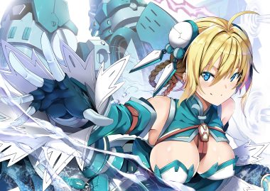 aqua eyes blonde hair braids breasts cleavage gloves jie laite mechagirl original short hair