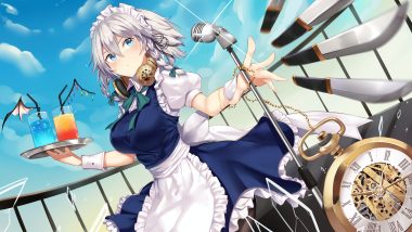 apron aqua eyes braids breasts clouds drink gray hair headdress headphones i.f.s.f izayoi sakuya knife maid microphone short hair sky touhou weapon wristwear