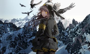 animal anthropomorphism bird brown hair girls frontline hood long hair pantyhose scar scenic silence girl skirt sky ump-45 (girls frontline) waifu2x yellow eyes