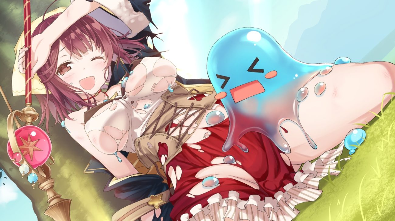 atelier atelier lydie & suelle baakurou breasts brown eyes choker corset cropped erect nipples grass headdress no bra nopan red hair short hair skirt sophie neuenmuller spread legs torn clothes wand wink