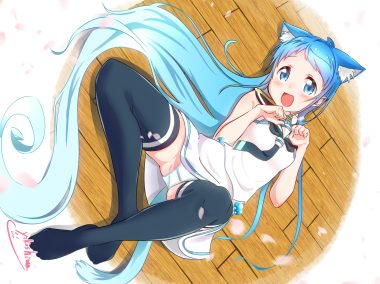 animal ears anthropomorphism aqua eyes aqua hair blush catgirl dress kantai collection long hair panties petals samidare (kancolle) school uniform signed spread legs thighhighs underwear waifu2x yokoshima (euphoria)