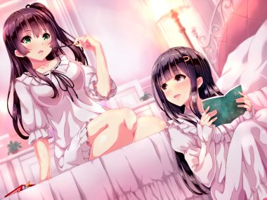 2girls bed black hair book food green eyes long hair original pajamas pocky ponytail toenketsu