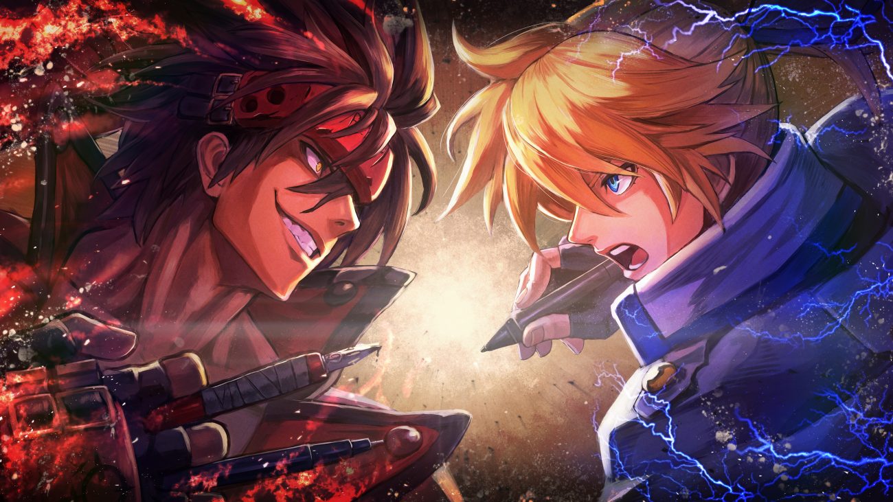 all male aqua eyes blonde hair brown hair close gloves guilty gear guilty gear xrd headband kuroi susumu ky kiske male orange eyes short hair sol badguy