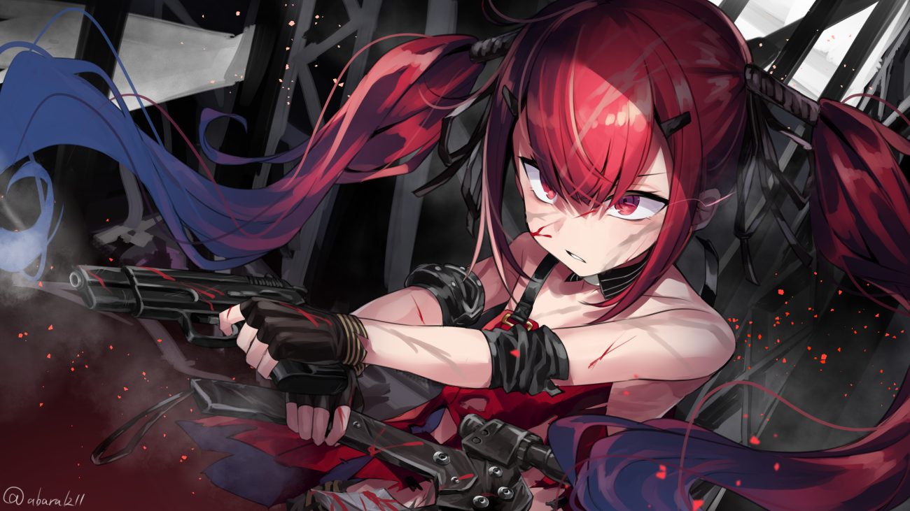 abarabone anthropomorphism blood cz-75 (girls frontline) girls frontline gloves gun long hair red eyes red hair signed torn clothes twintails weapon