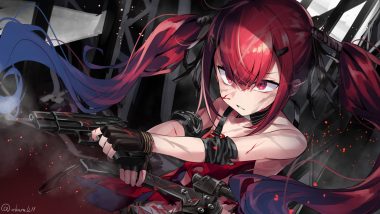 abarabone anthropomorphism blood cz-75 (girls frontline) girls frontline gloves gun long hair red eyes red hair signed torn clothes twintails weapon