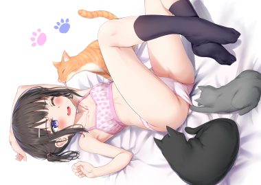 animal blush bra cat flat chest kneehighs loli nedia r original panties purple eyes short hair underwear wink