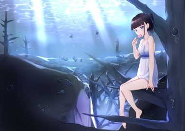 animal barefoot black hair blue eyes bubbles candy dress fish jilu lollipop original ponytail summer dress tree underwater water