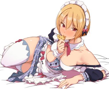 apron blonde hair bow breasts cleavage cropped headdress idolmaster idolmaster shiny colors maid red eyes saijou juri short hair thighhighs tokiwa mmm white