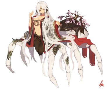breasts brown eyes cherry blossoms flowers horns japanese clothes kimono lansane long hair navel no bra open shirt original signed white white hair