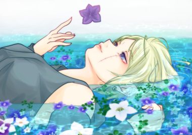 blonde hair blue eyes close flowers gintama japanese clothes paleatus scar short hair tsukuyo (gintama) water