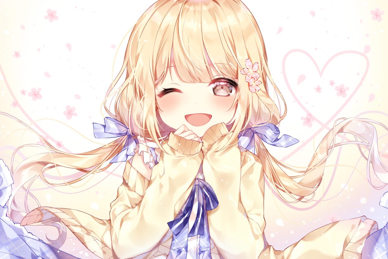 blonde hair blush bow brown eyes flowers futaba anzu gradient idolmaster idolmaster cinderella girls long hair petals taya oco twintails wink