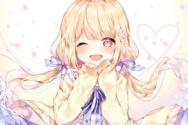 blonde hair blush bow brown eyes flowers futaba anzu gradient idolmaster idolmaster cinderella girls long hair petals taya oco twintails wink