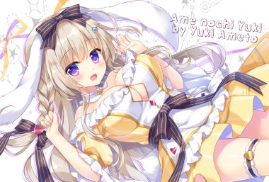 ameto yuki animal ears blush bow braids breasts brown hair bunny ears cleavage ecru (ameto yuki) garter lolita fashion long hair original purple eyes ribbons watermark