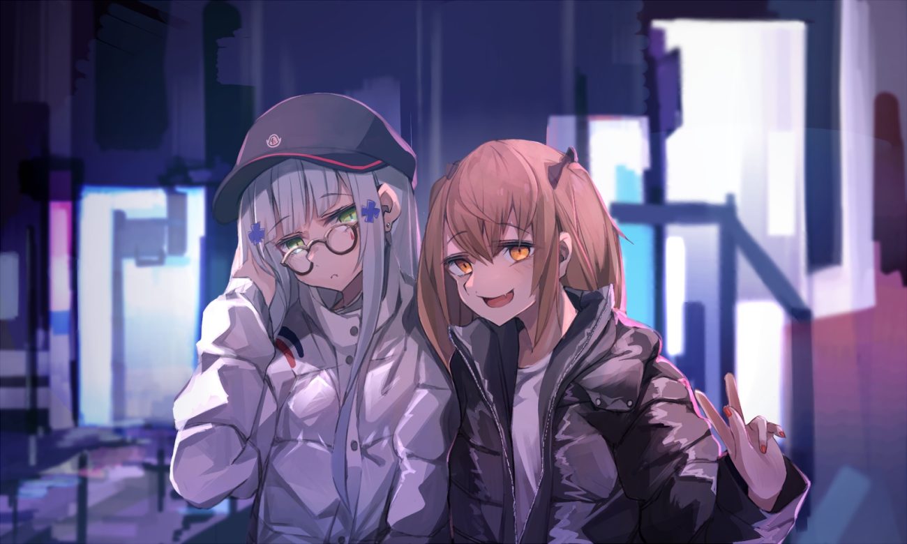 2girls anthropomorphism blush brown hair fang girls frontline glasses gray hair green eyes hat hk416 (girls frontline) long hair miyabino orange eyes ump-9 (girls frontline)