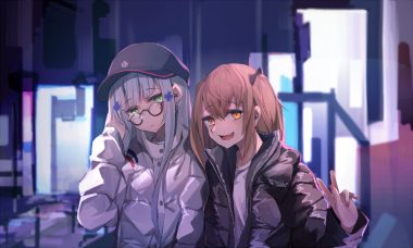 2girls anthropomorphism blush brown hair fang girls frontline glasses gray hair green eyes hat hk416 (girls frontline) long hair miyabino orange eyes ump-9 (girls frontline)