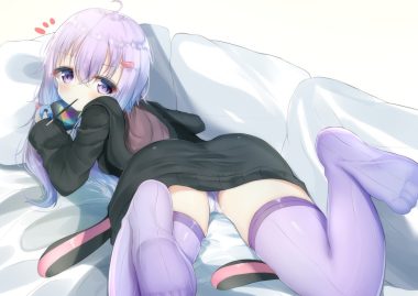 aties20 cameltoe food game console hood long hair panties pocky purple eyes purple hair thighhighs underwear vocaloid yuzuki yukari