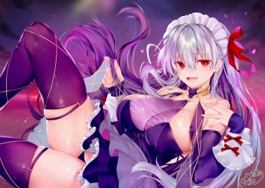 bow breasts cleavage fate/grand order fate (series) gray hair headdress kama (fate/grand order) long hair panties red eyes see through signed thighhighs twintails underwear xin (moehime)