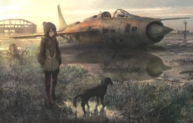 aircraft animal black hair brown eyes combat vehicle dog hat hood original reflection ruins short hair tokunaga akimasa water