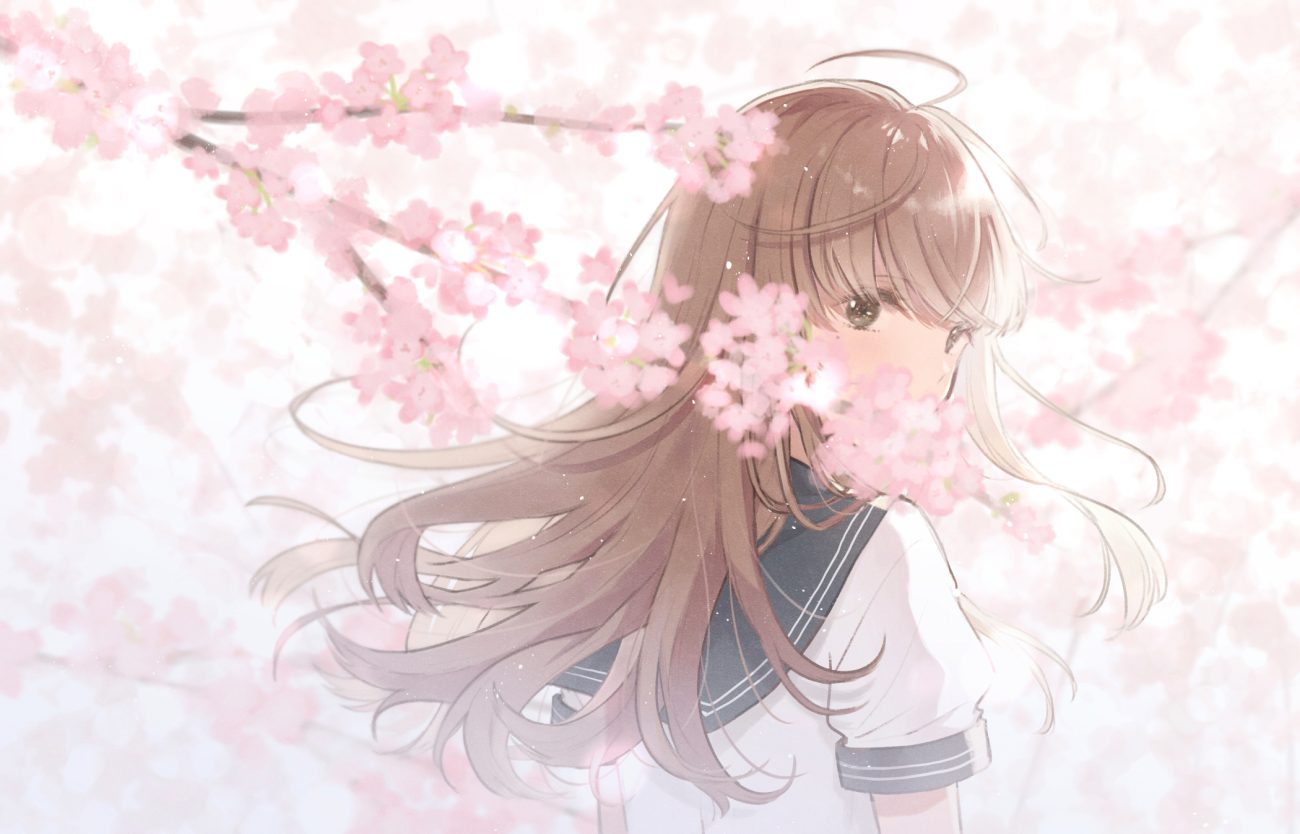 brown eyes brown hair cherry blossoms flowers long hair necojishi original school uniform