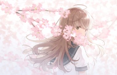 brown eyes brown hair cherry blossoms flowers long hair necojishi original school uniform