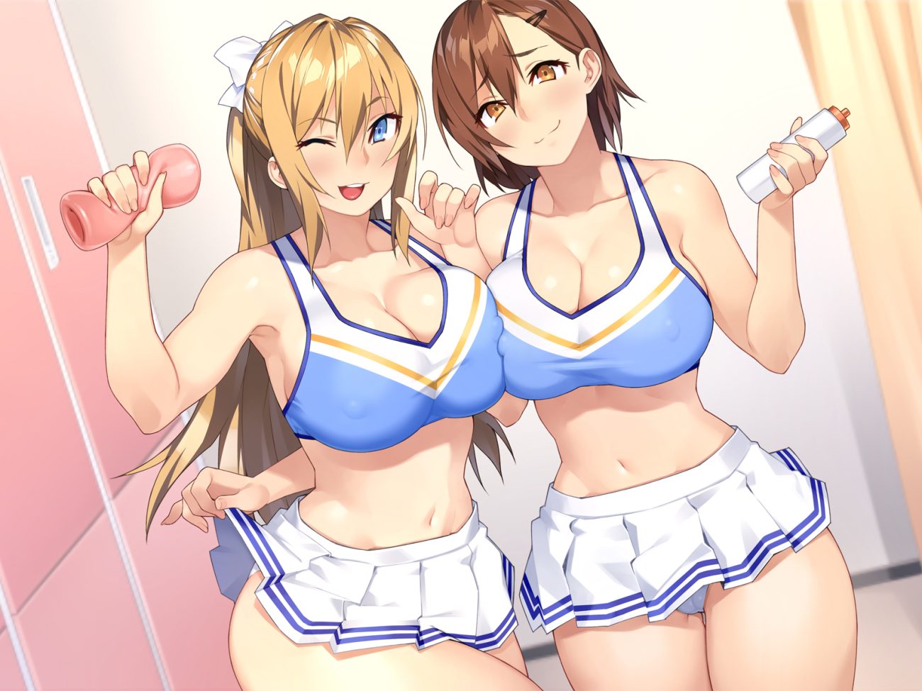 23 (real xxiii) 2girls blonde hair blue eyes breasts brown eyes brown hair cameltoe cheerleader cleavage erect nipples long hair navel original ponytail short hair skirt wink