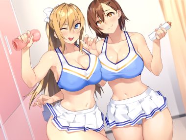 23 (real xxiii) 2girls blonde hair blue eyes breasts brown eyes brown hair cameltoe cheerleader cleavage erect nipples long hair navel original ponytail short hair skirt wink