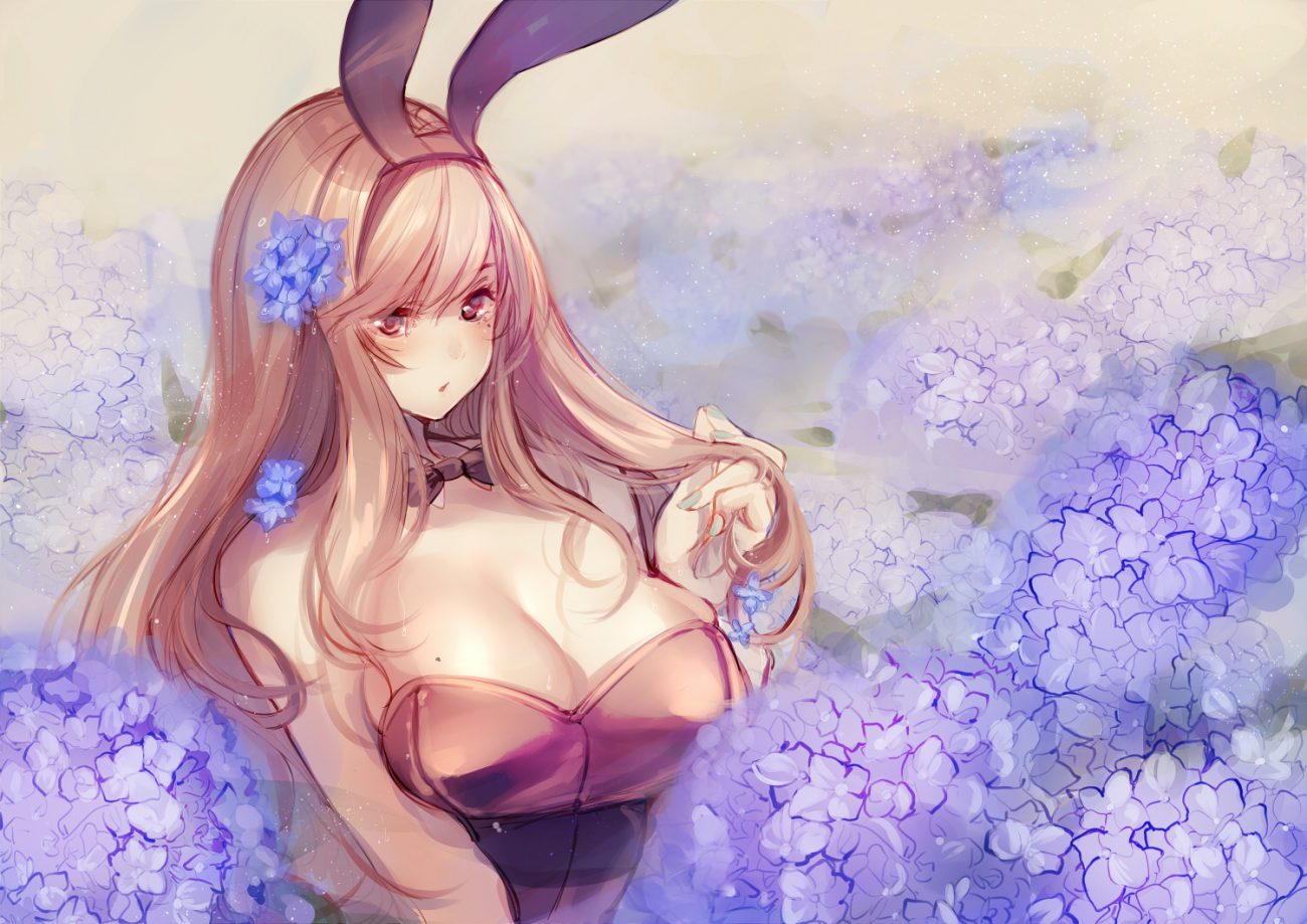 amane ruri animal ears blonde hair breasts bunny ears bunnygirl cleavage flowers long hair original red eyes sketch