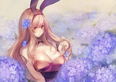 amane ruri animal ears blonde hair breasts bunny ears bunnygirl cleavage flowers long hair original red eyes sketch
