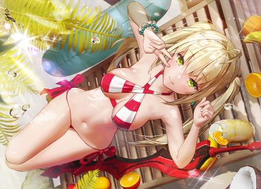 bikini blonde hair blush breasts drink fate/grand order fate (series) food fruit gio (maroon0924) green eyes leaves long hair navel nero claudius (fate) orange (fruit) signed swim ring swimsuit sword twintails waifu2x water weapon wristwear